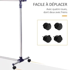 Portant sur roulettes - portant à vêtements réglable en hauteur et longueur - dim. 86/160L x 45l x 95/170H cm - acier inox.