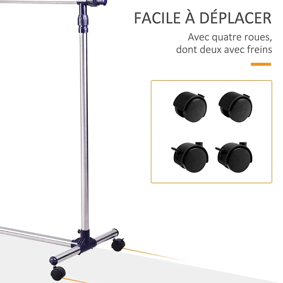 Portant sur roulettes - portant à vêtements réglable en hauteur et longueur - dim. 86/160L x 45l x 95/170H cm - acier inox.