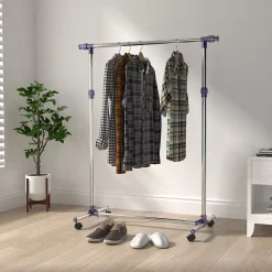 Portant sur roulettes - portant à vêtements réglable en hauteur et longueur - dim. 86/160L x 45l x 95/170H cm - acier inox.