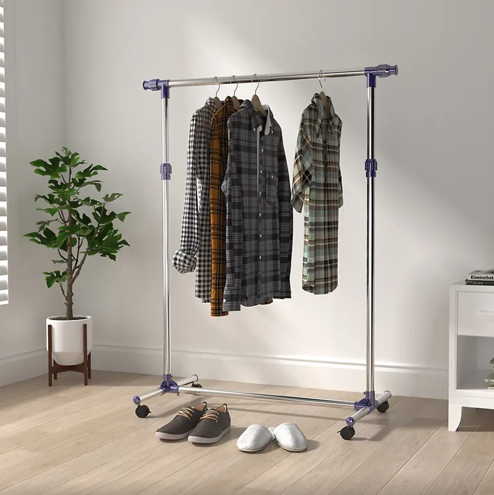 Portant sur roulettes - portant à vêtements réglable en hauteur et longueur - dim. 86/160L x 45l x 95/170H cm - acier inox.