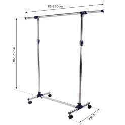 Portant sur roulettes - portant à vêtements réglable en hauteur et longueur - dim. 86/160L x 45l x 95/170H cm - acier inox.