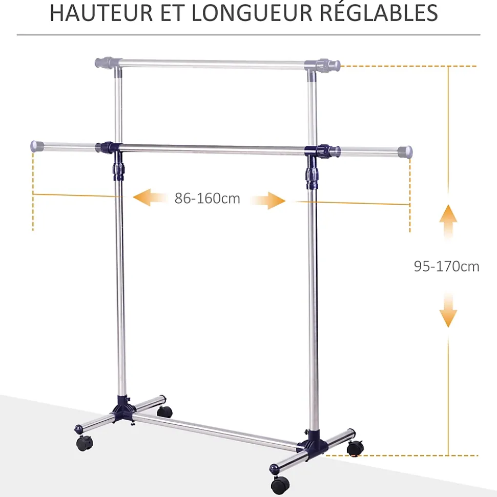 Portant sur roulettes - portant à vêtements réglable en hauteur et longueur - dim. 86/160L x 45l x 95/170H cm - acier inox.