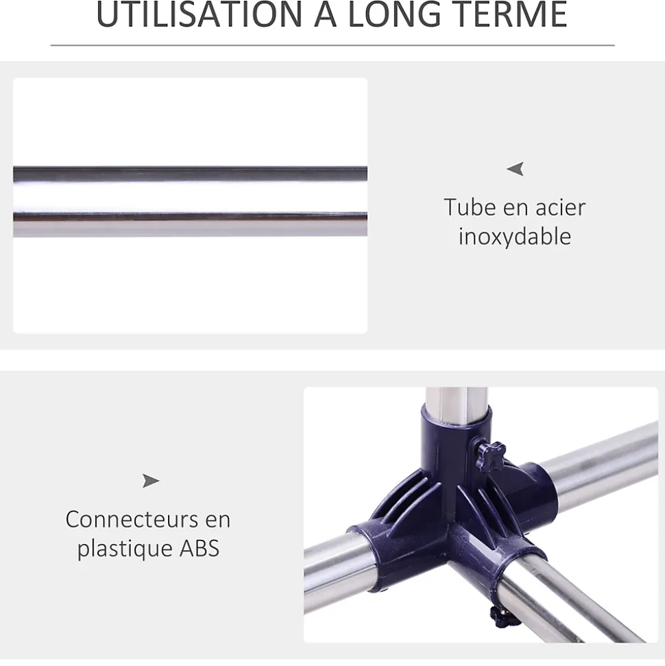Portant sur roulettes - portant à vêtements réglable en hauteur et longueur - dim. 86/160L x 45l x 95/170H cm - acier inox.