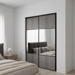 Porte de placard coulissante avec miroir effet chêne grisé profil noir GoodHome Arius H. 248,5 x L. 92.2 cm + amortisseurs