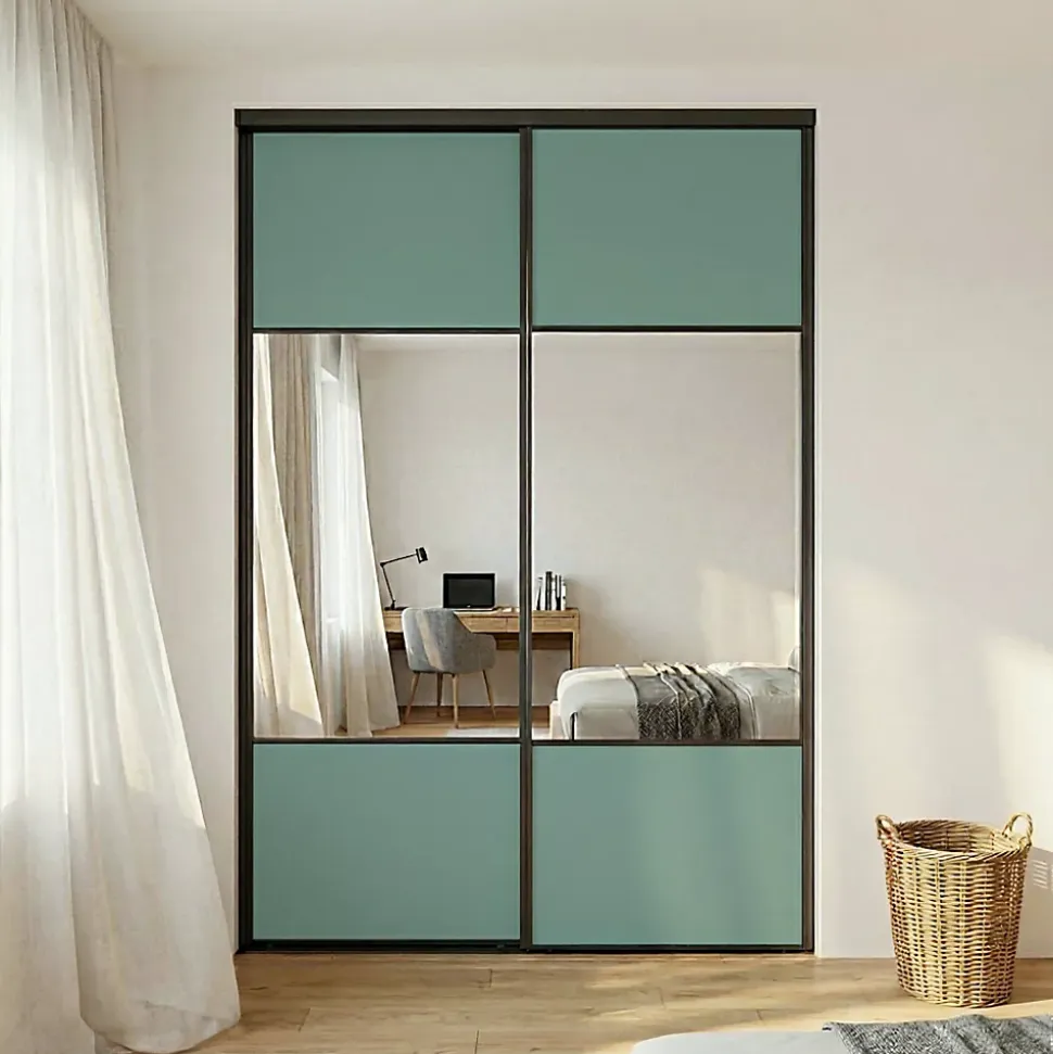 Porte de placard coulissante avec miroir vert de gris profil noir GoodHome Arius H. 248,5 x L. 92.2 cm + amortisseurs
