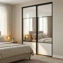 Porte de placard coulissante avec miroir blanc brillant profil noir GoodHome Arius H. 248,5 x L. 77.2 cm + amortisseurs