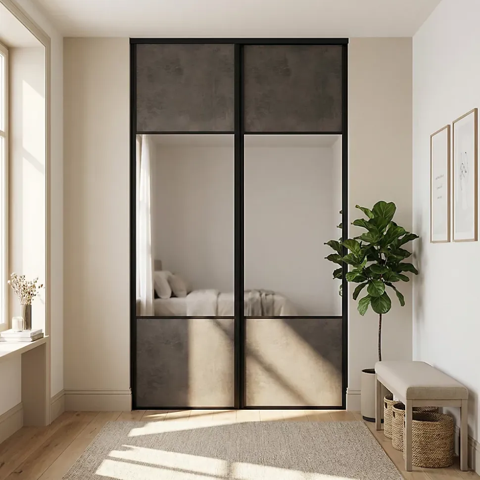 Porte de placard coulissante avec miroir gris antique profil noir GoodHome Arius H. 248,5 x L. 77.2 cm + amortisseurs