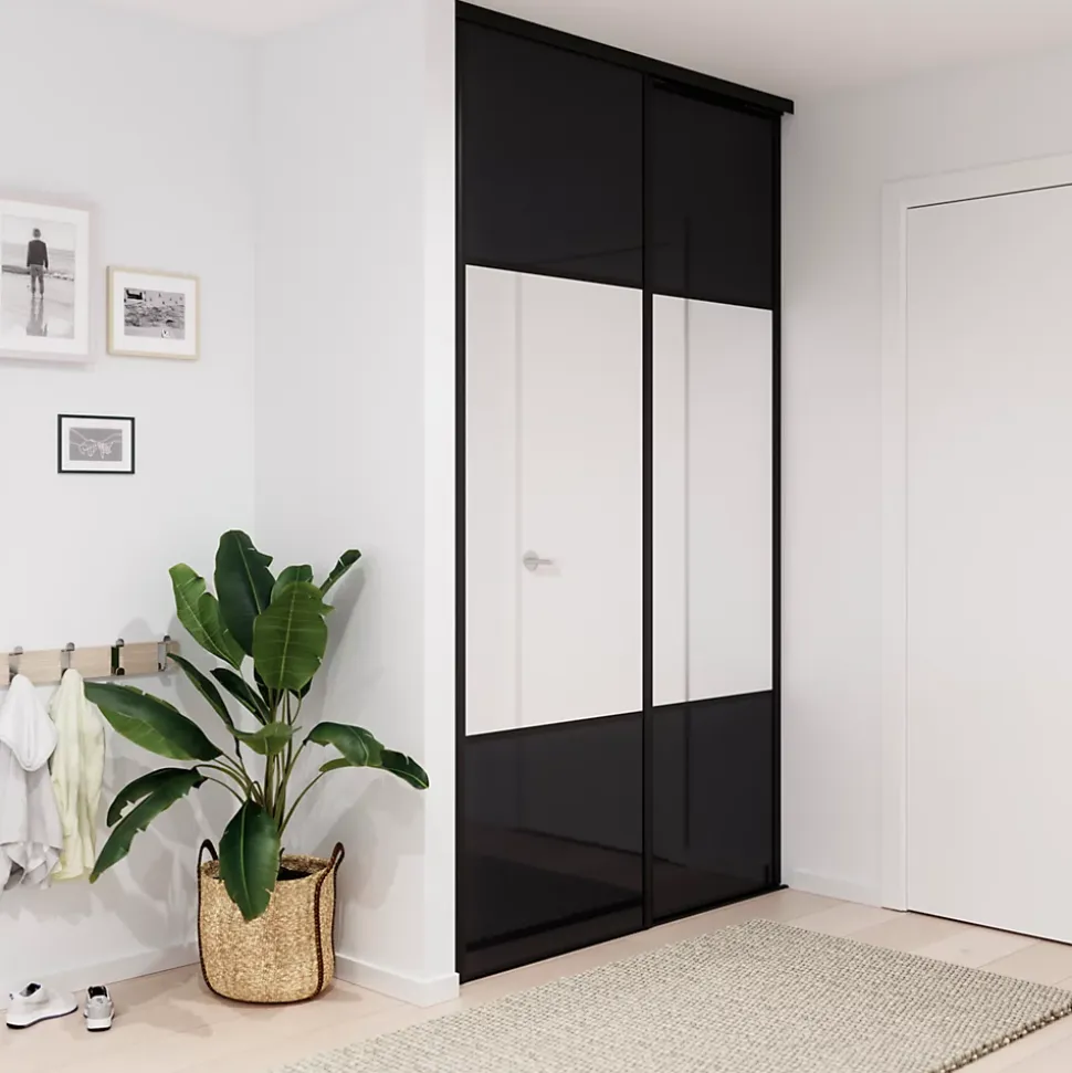 Porte de placard coulissante avec miroir noir profil noir GoodHome Arius H. 248,5 x L. 77.2 cm + amortisseurs