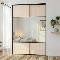 Porte de placard coulissante avec miroir effet chêne clair profil noir GoodHome Arius H. 248,5 x L. 92.2 cm + amortisseurs