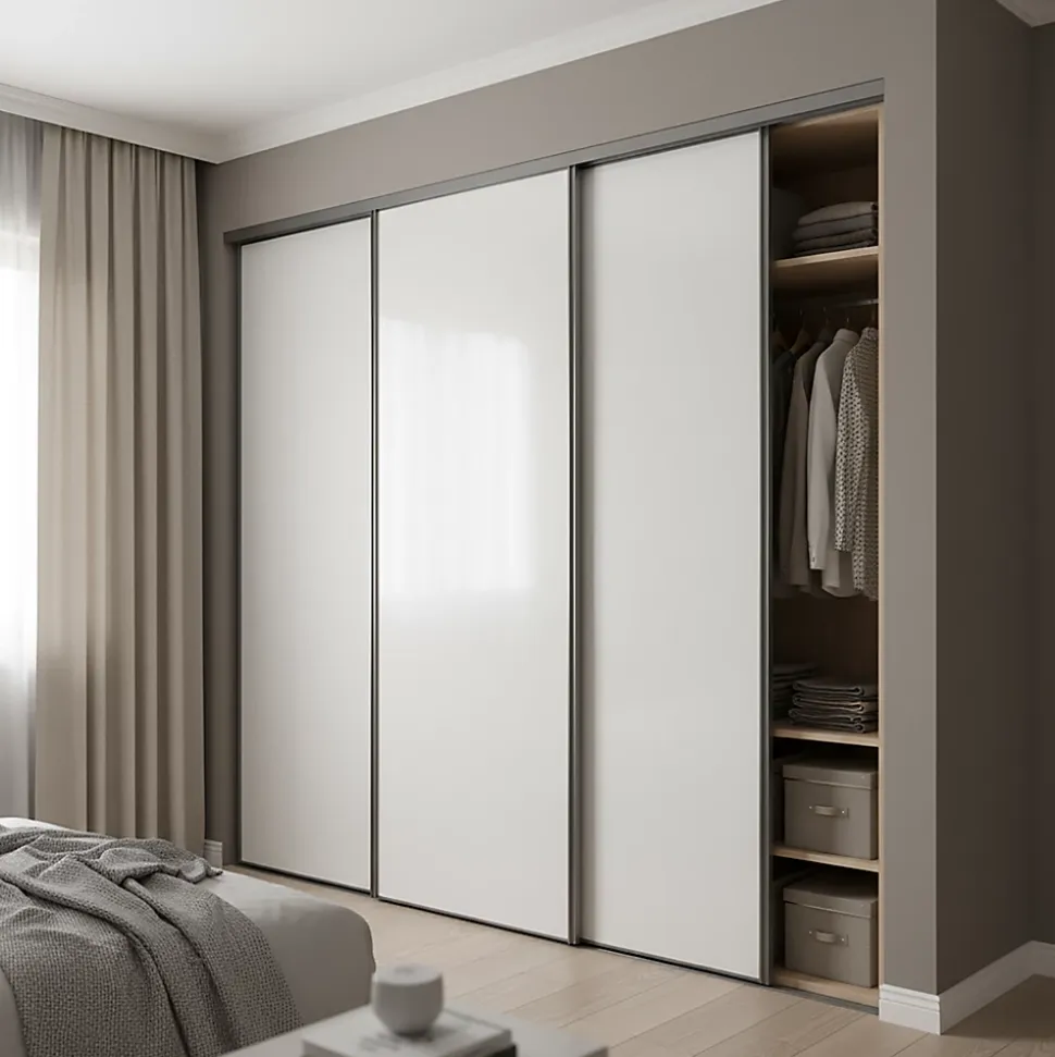 Porte de placard coulissante blanc brillant profil gris GoodHome Arius H. 248,5 x L. 92.2 cm + amortisseurs