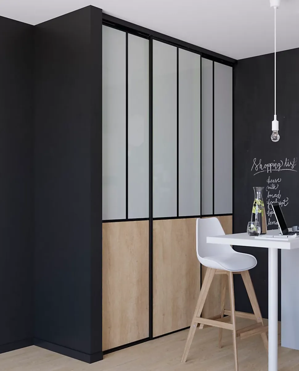 Porte de placard coulissante atelier effet chêne brut profil noir GoodHome Arius H. 248,5 x L. 61.2 cm + amortisseurs