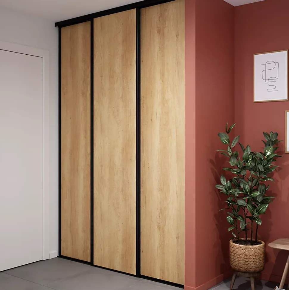 Porte de placard coulissante effet chêne brut profil noir GoodHome Arius H. 248,5 x L. 62.2 cm + amortisseurs