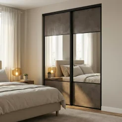 Porte de placard coulissante avec miroir gris antique profil noir GoodHome Arius H. 248,5 x L. 92.2 cm + amortisseurs