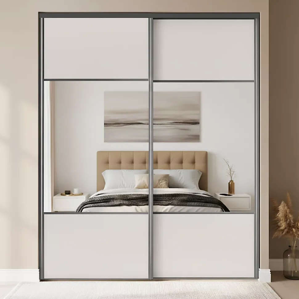 Porte de placard coulissante avec miroir gris clair mat profil gris GoodHome Arius H. 248,5 x L. 92.2 cm + amortisseurs