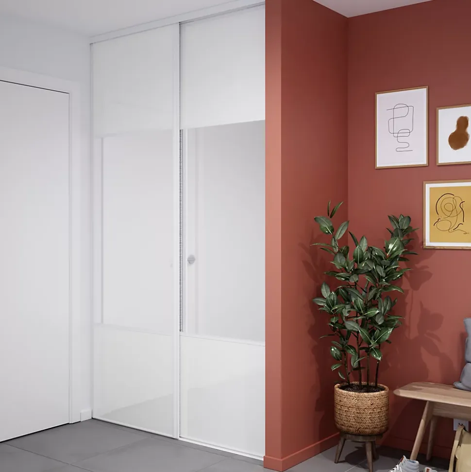 Porte de placard coulissante avec miroir blanc brillant profil blanc GoodHome Arius H. 248,5 x L. 77.2 cm + amortisseurs