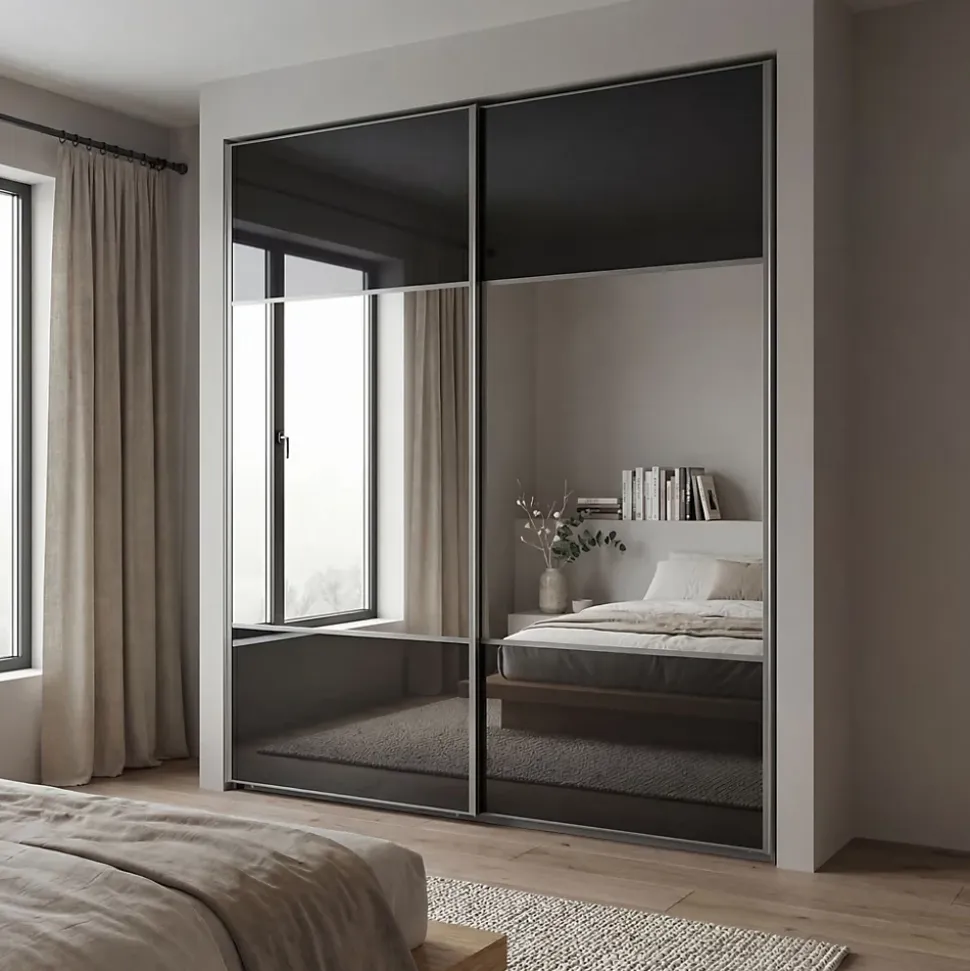 Porte de placard coulissante avec miroir noir profil gris GoodHome Arius H. 248,5 x L. 92.2 cm + amortisseurs