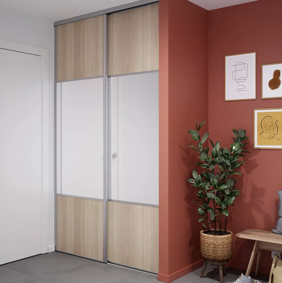 Porte de placard coulissante avec miroir effet chêne clair profil gris GoodHome Arius H. 248,5 x L. 77.2 cm + amortisseurs