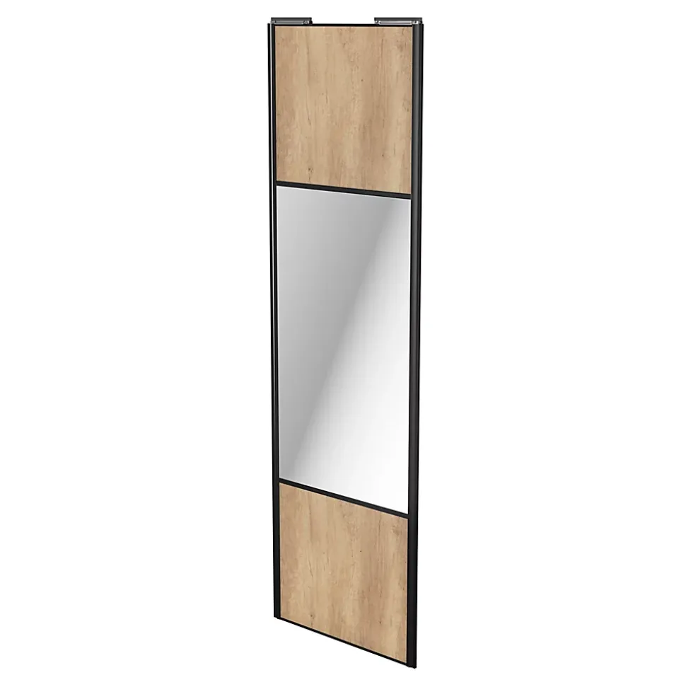 Porte de placard coulissante avec miroir effet chêne brut profil noir GoodHome Arius H. 248,5 x L. 77.2 cm + amortisseurs