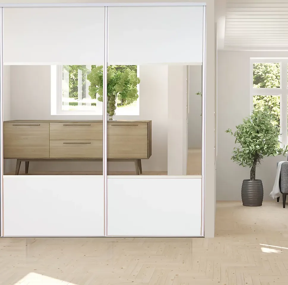 Porte de placard coulissante vendue par 2 avec miroir Optimum blanc veiné H. 250 x L. 180 cm