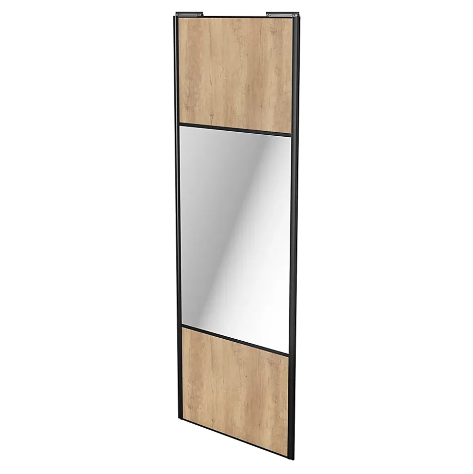 Porte de placard coulissante avec miroir effet chêne brut profil noir GoodHome Arius H. 248,5 x L. 92.2 cm + amortisseurs