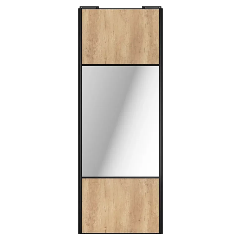 Porte de placard coulissante avec miroir effet chêne brut profil noir GoodHome Arius H. 248,5 x L. 92.2 cm + amortisseurs