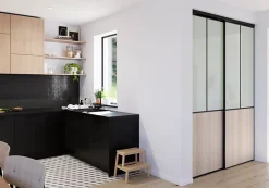 Porte de placard coulissante atelier effet chêne clair profil noir GoodHome Arius H. 248,5 x L. 91.2 cm + amortisseurs