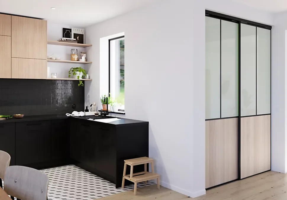 Porte de placard coulissante atelier effet chêne clair profil noir GoodHome Arius H. 248,5 x L. 91.2 cm + amortisseurs