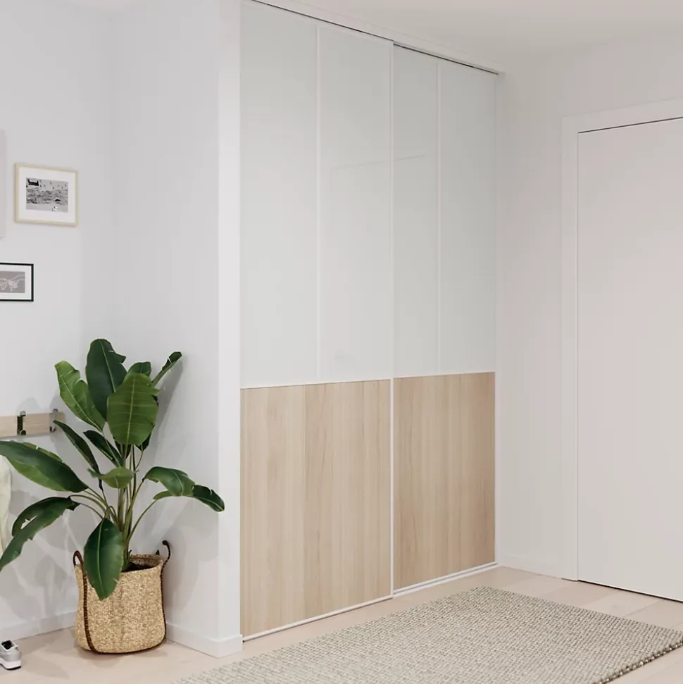 Porte de placard coulissante atelier effet chêne clair profil blanc GoodHome Arius H. 248,5 x L. 91.2 cm + amortisseurs