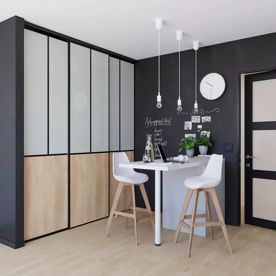 Porte de placard coulissante atelier effet chêne brut profil noir GoodHome Arius H. 248,5 x L. 76.2 cm + amortisseurs