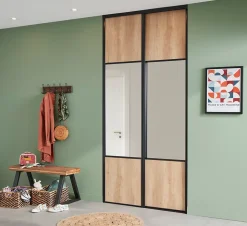 Porte de placard coulissante avec miroir effet chêne brut profil noir GoodHome Arius H. 248,5 x L. 62.2 cm + amortisseurs