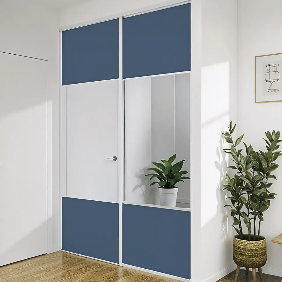 Porte de placard coulissante avec miroir bleu profil blanc GoodHome Arius H. 248,5 x L. 92.2 cm + amortisseurs