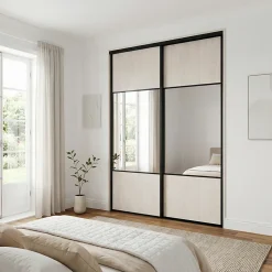 Porte de placard coulissante avec miroir bois nordique profil noir GoodHome Arius H. 248,5 x L. 92.2 cm + amortisseurs