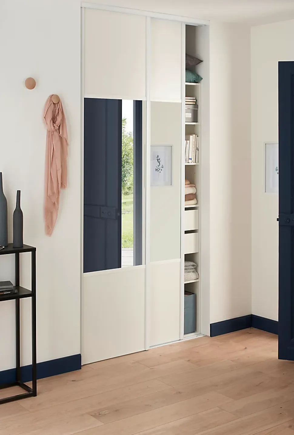 Porte de placard coulissante vendue par 2 avec miroir Optimum blanc veiné H. 250 x L. 120 cm