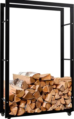 Porte-bûches Keri à roulettes, étagère à bois métal noir, rangement bois de chauffage Noir/25x80x125cm
