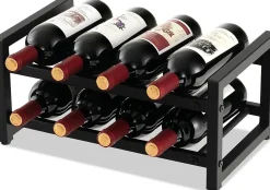 Porte-Bouteille à 2 Niveaux pour 8 Bouteilles, Casier à Vin en Métal Antirouille avec Tapis de Pieds Réglables, Noir