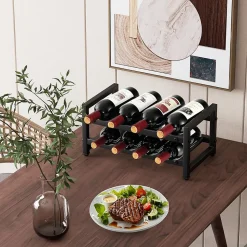 Porte-Bouteille à 2 Niveaux pour 8 Bouteilles, Casier à Vin en Métal Antirouille avec Tapis de Pieds Réglables, Noir