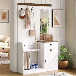 Porte-Manteau - Vestiaire d'Entrée avec Miroir, Crochets, Tiroirs, Porte-Parapluie en Panneaux Agglomérés, 110,5x38x191 cm, Blanc