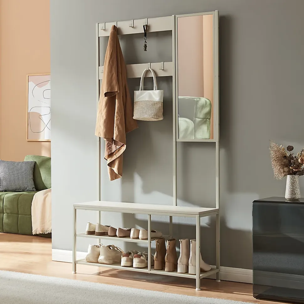 Portemanteau avec miroir et étagère à chaussures Napinerg 185 x 98 x 34 cm couleur sable en.casa