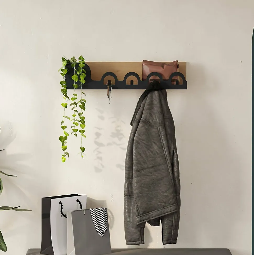 Portemanteau Beryl, Portemanteau, Porte-vêtements polyvalent, Cintre mural, 63x14 h14 cm, Chêne