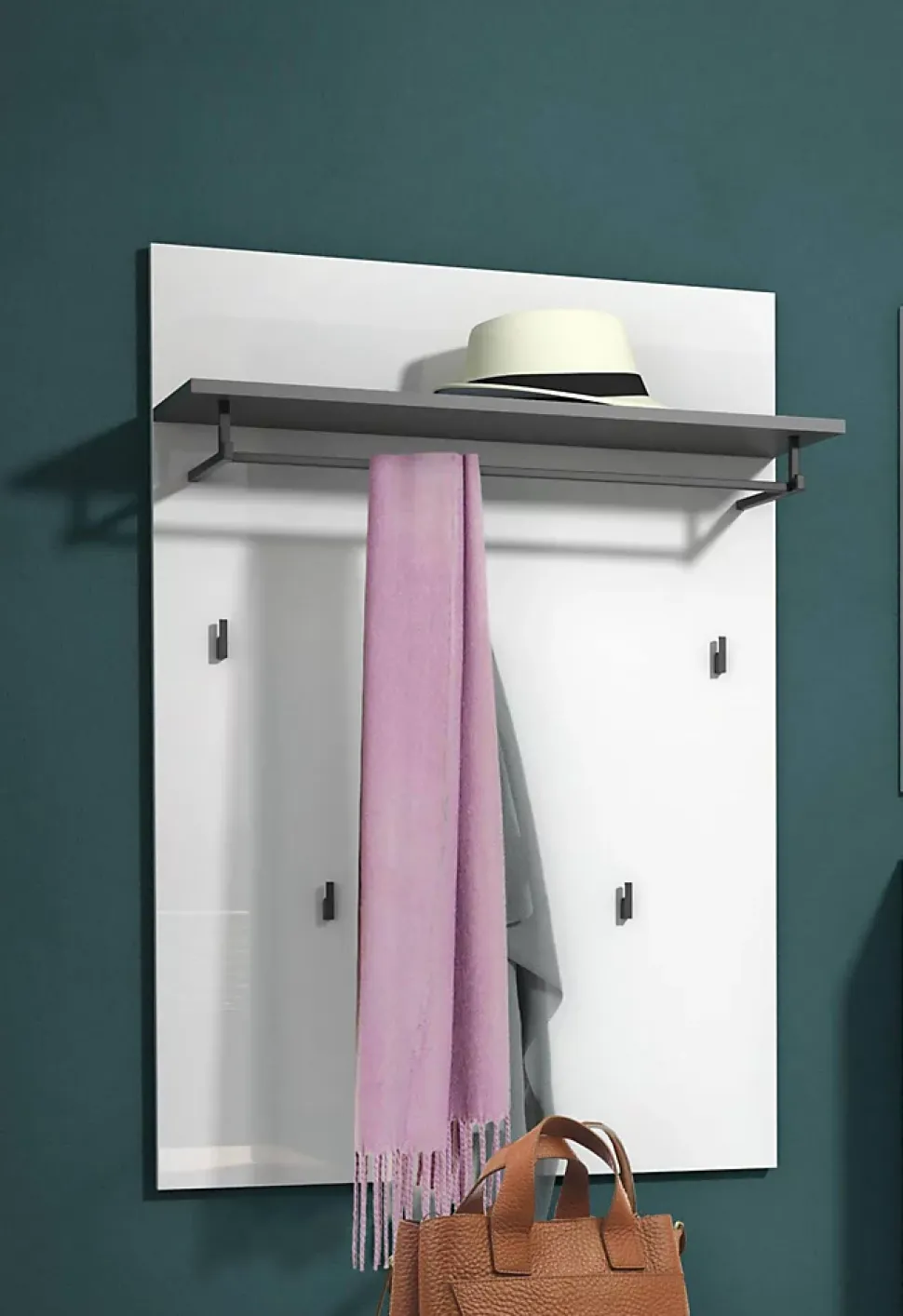 Portemanteau Flaviana, Portemanteau, Surmatelas, Cintre mural, Made in Italy, 80x25h115 cm, Blanc brillant et anthracite