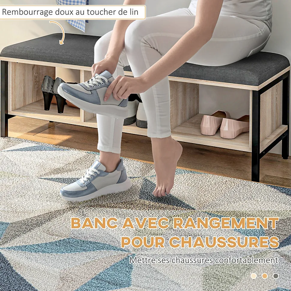 Porte-manteau mural vestiaire d'entrée banc à chaussures 3 compartiments 3 patères barre penderie acier noir aspect chêne clair