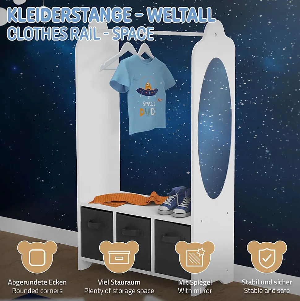 Portemanteau pour enfants avec étagère tringle 3 compartiments et miroir