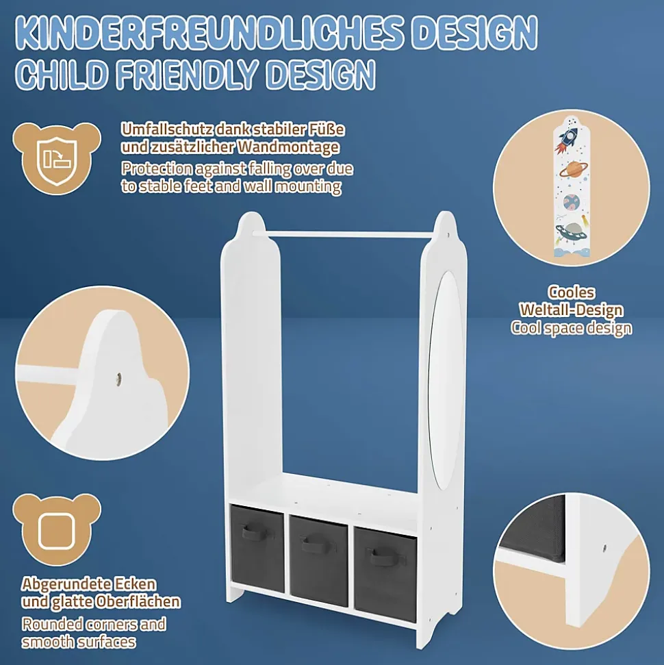 Portemanteau pour enfants avec étagère tringle 3 compartiments et miroir