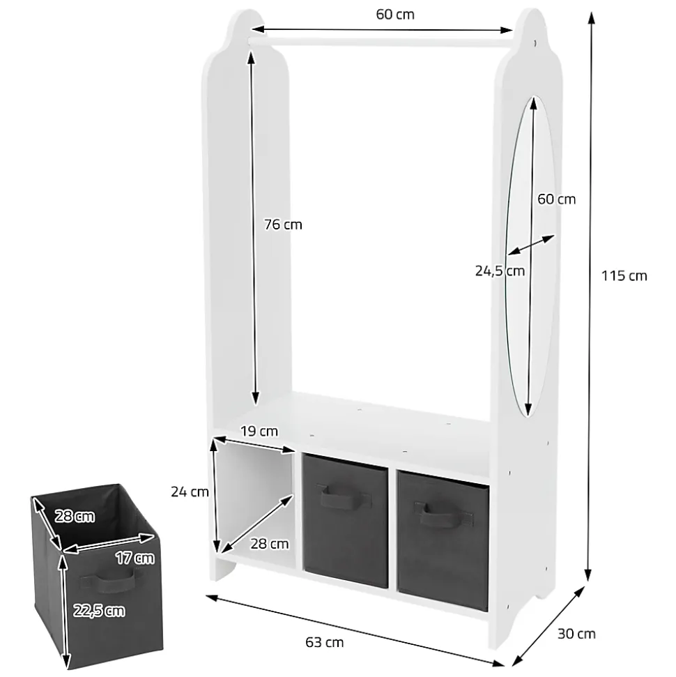 Portemanteau pour enfants avec étagère tringle 3 compartiments et miroir