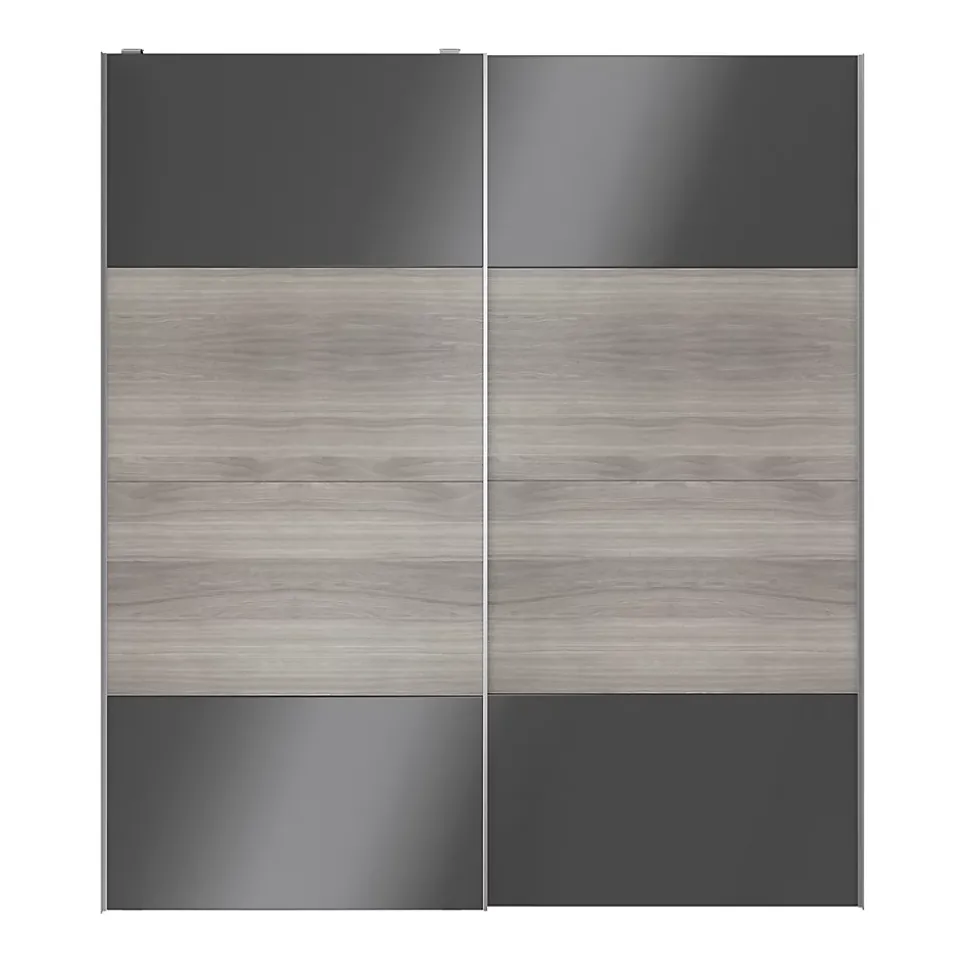 Portes de placard coulissantes 2 vantaux panneaux anthracite brillants et effet chêne grisé GoodHome Atomia H. 225 x L. 200 x ép. 5,5 cm