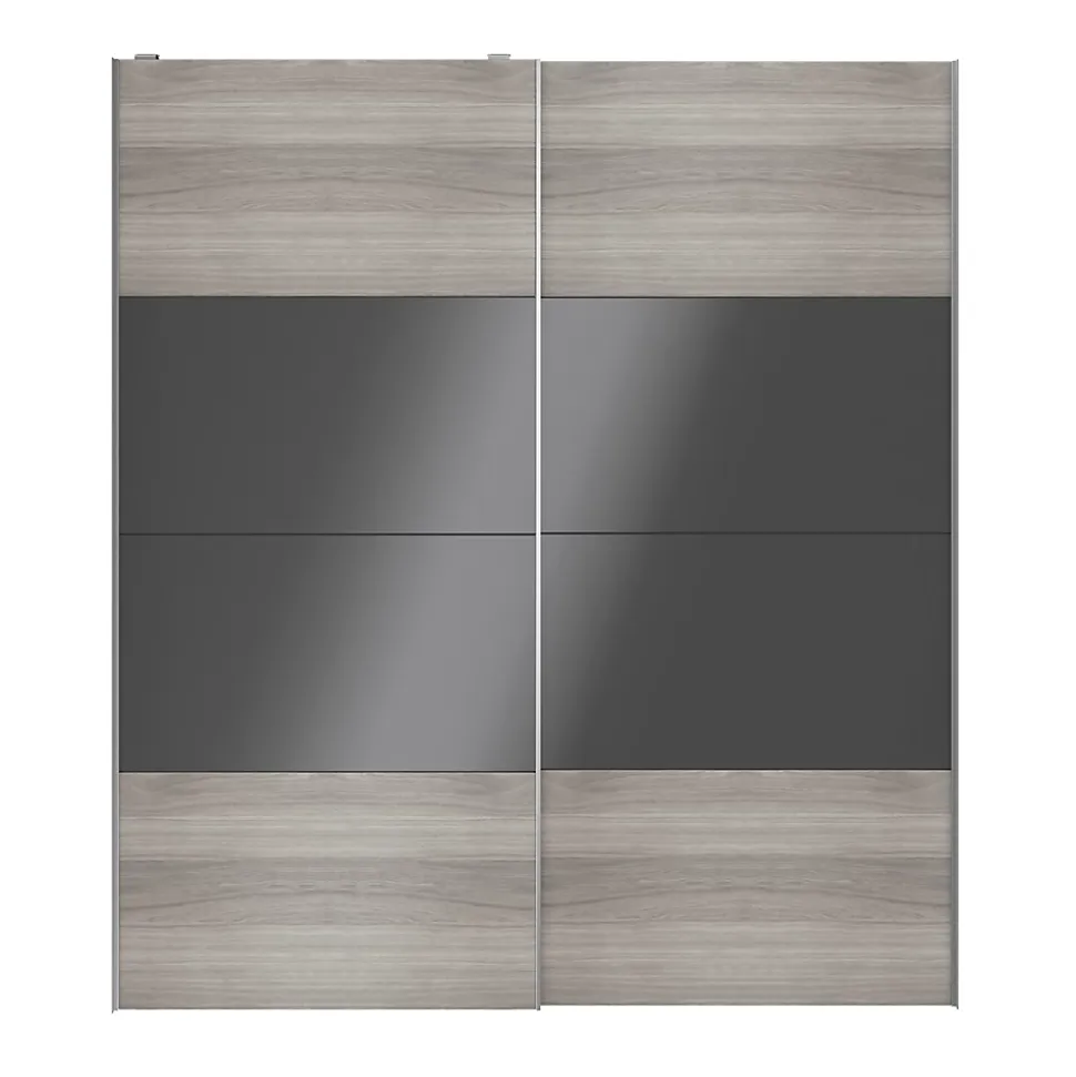 Portes de placard coulissantes 2 vantaux panneaux anthracite brillants et effet chêne grisé GoodHome Atomia H. 225 x L. 200 x ép. 5,5 cm