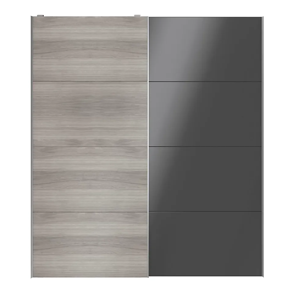 Portes de placard coulissantes 2 vantaux panneaux anthracite brillants et effet chêne grisé GoodHome Atomia H. 225 x L. 200 x ép. 5,5 cm