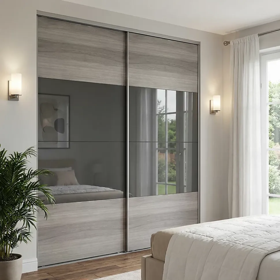Portes de placard coulissantes 2 vantaux panneaux anthracite brillants et effet chêne grisé GoodHome Atomia H. 225 x L. 200 x ép. 5,5 cm