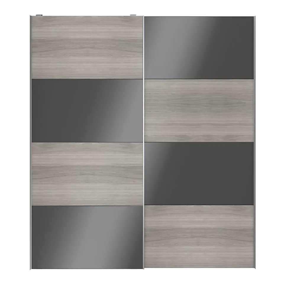Portes de placard coulissantes 2 vantaux panneaux anthracite brillants et effet chêne grisé GoodHome Atomia H. 225 x L. 200 x ép. 5,5 cm
