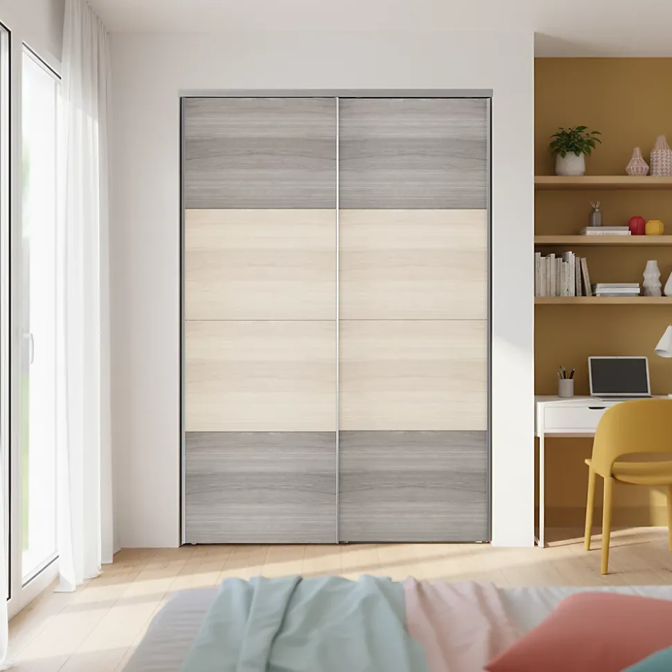 Portes de placard coulissantes 2 vantaux panneaux effet chêne et chêne grisé GoodHome Atomia H. 225 x L. 150 x ép. 5,5 cm